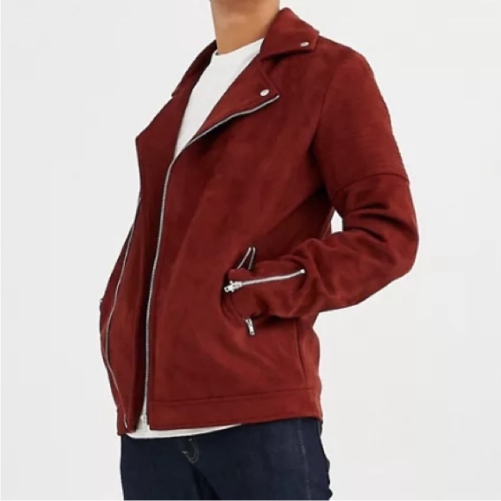 ASOS Rust Red Suede Biker Jacket - Picture 2 of 10